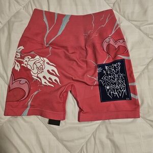 Women's Coral Bike Shorts with Graphic Heart Print